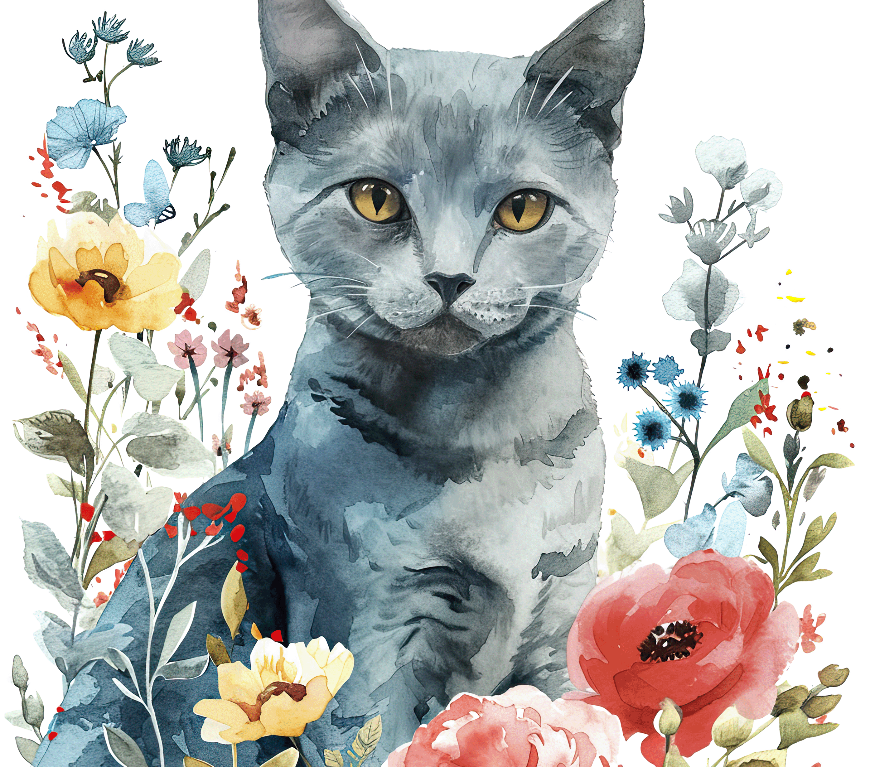 Watercolor Russian Blue Cat 2