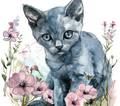 Watercolor Russian Blue Kitten with Pink Wildflowers 3