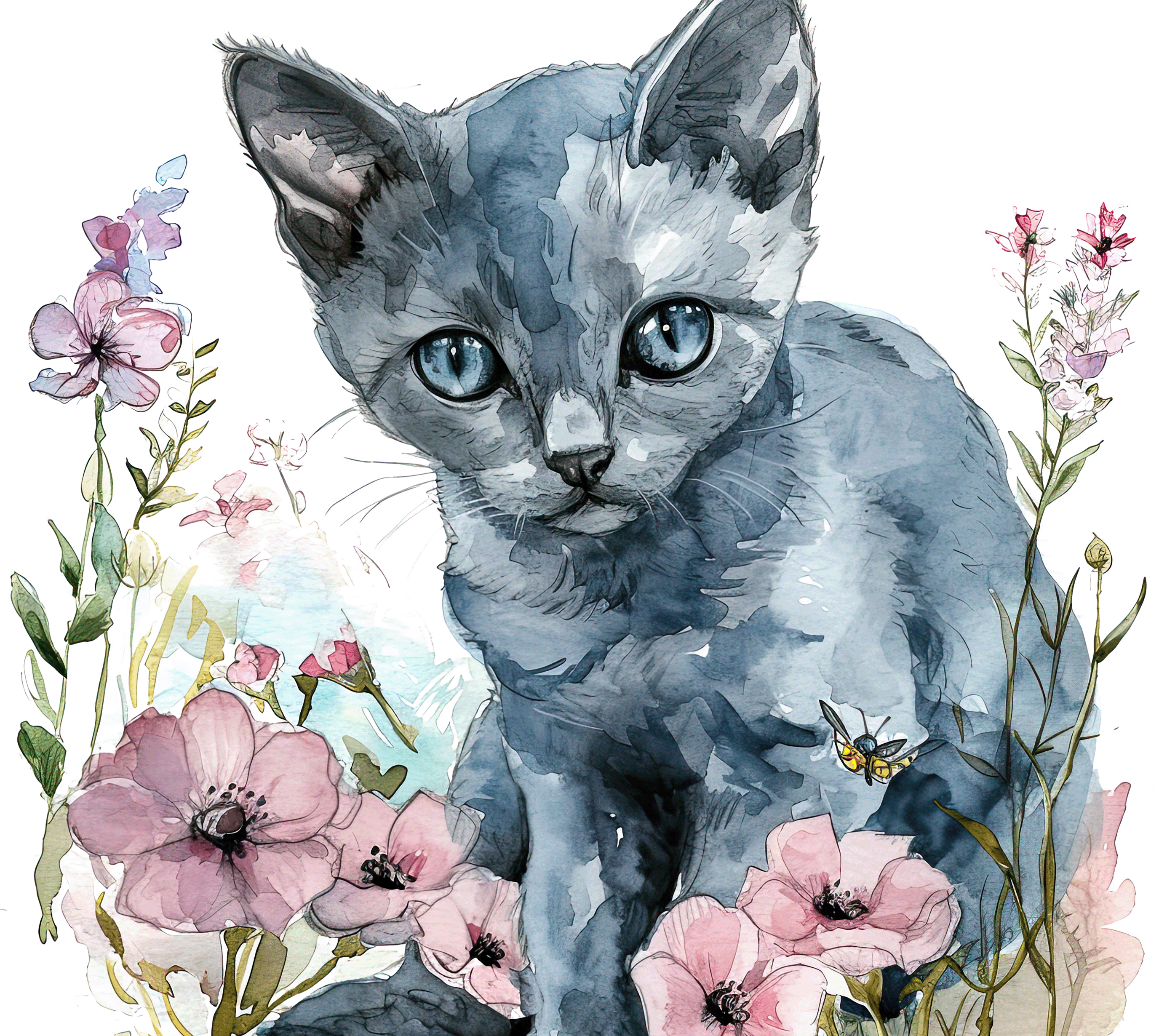 Watercolor Russian Blue Kitten with Pink Wildflowers 3
