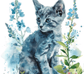 Watercolor Russian Blue Kitten with Blue Delphiniums 5