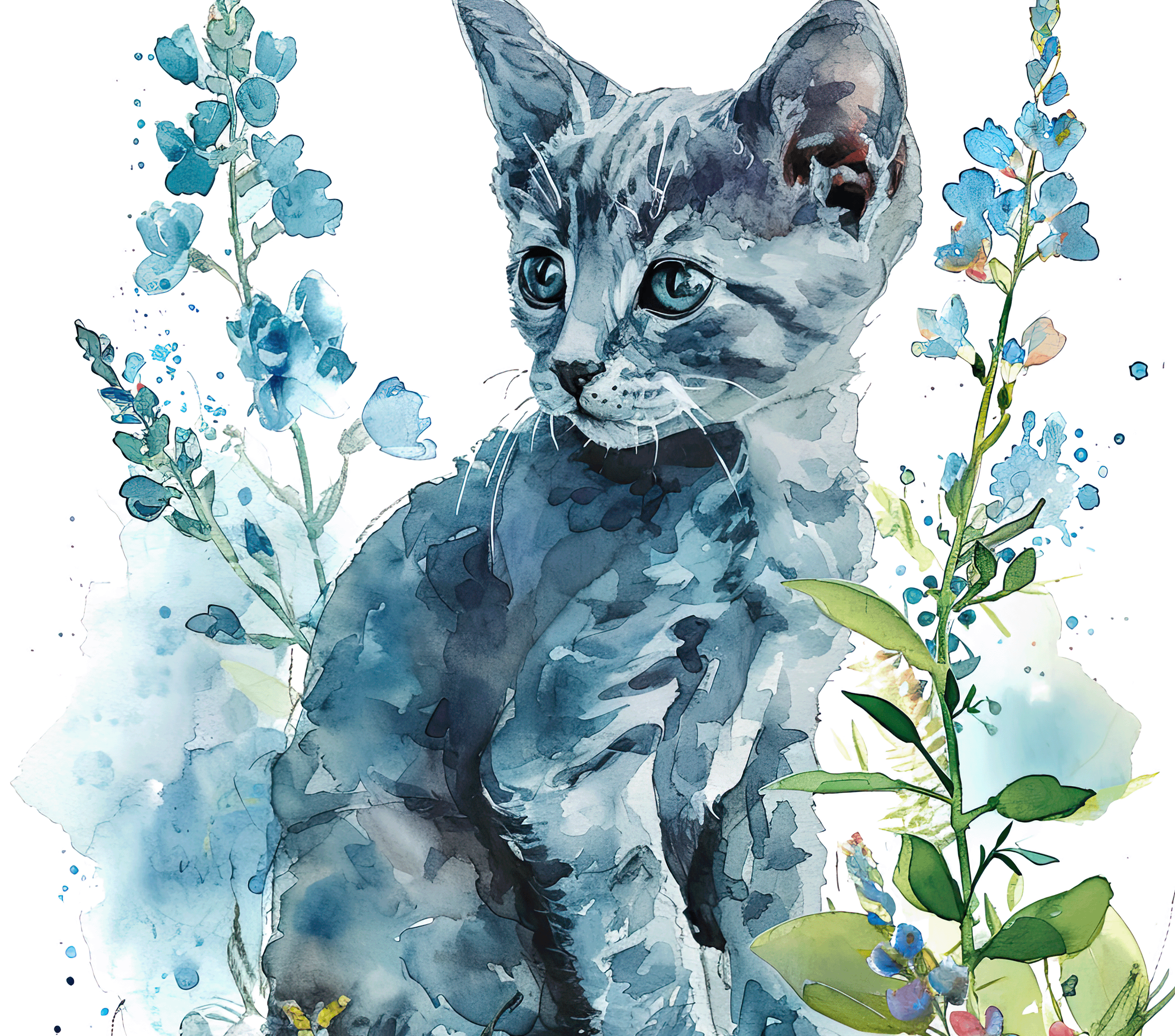 Watercolor Russian Blue Kitten with Blue Delphiniums 5
