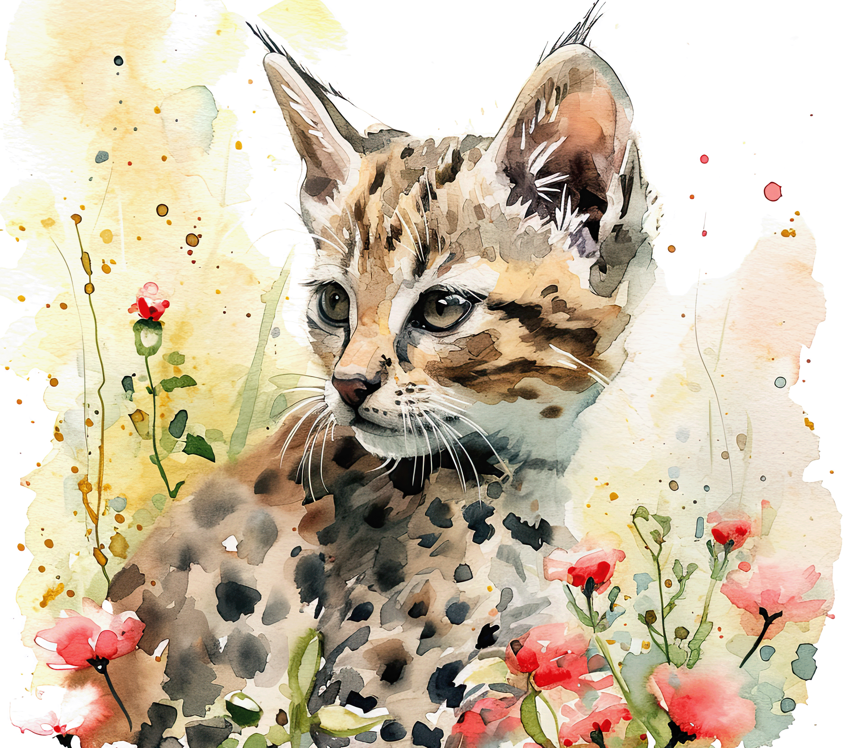 Watercolor Savannah Cat Kitten with Coral Wildflowers 2