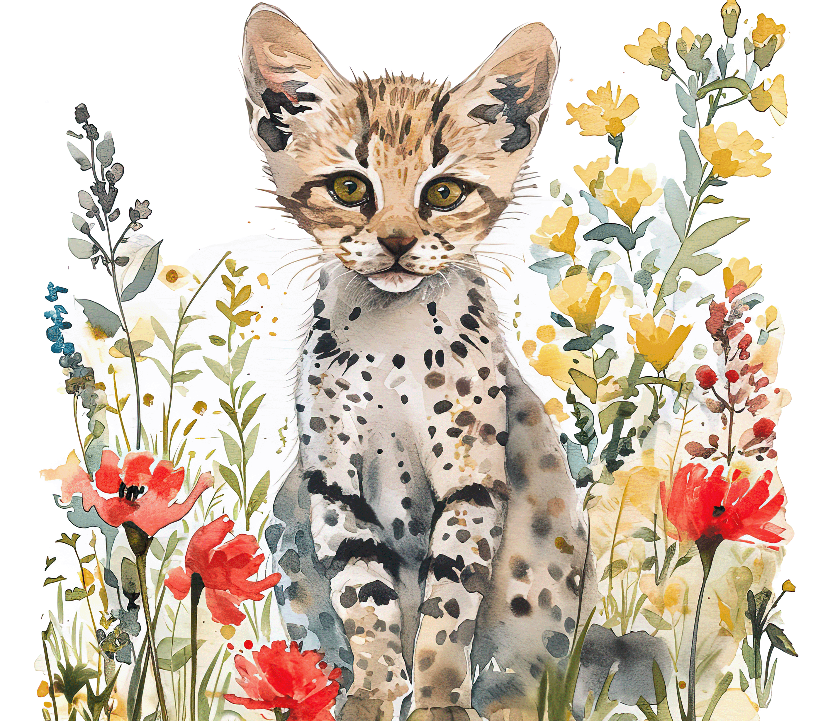 Watercolor Savannah Cat Kitten with Wildflowers 6