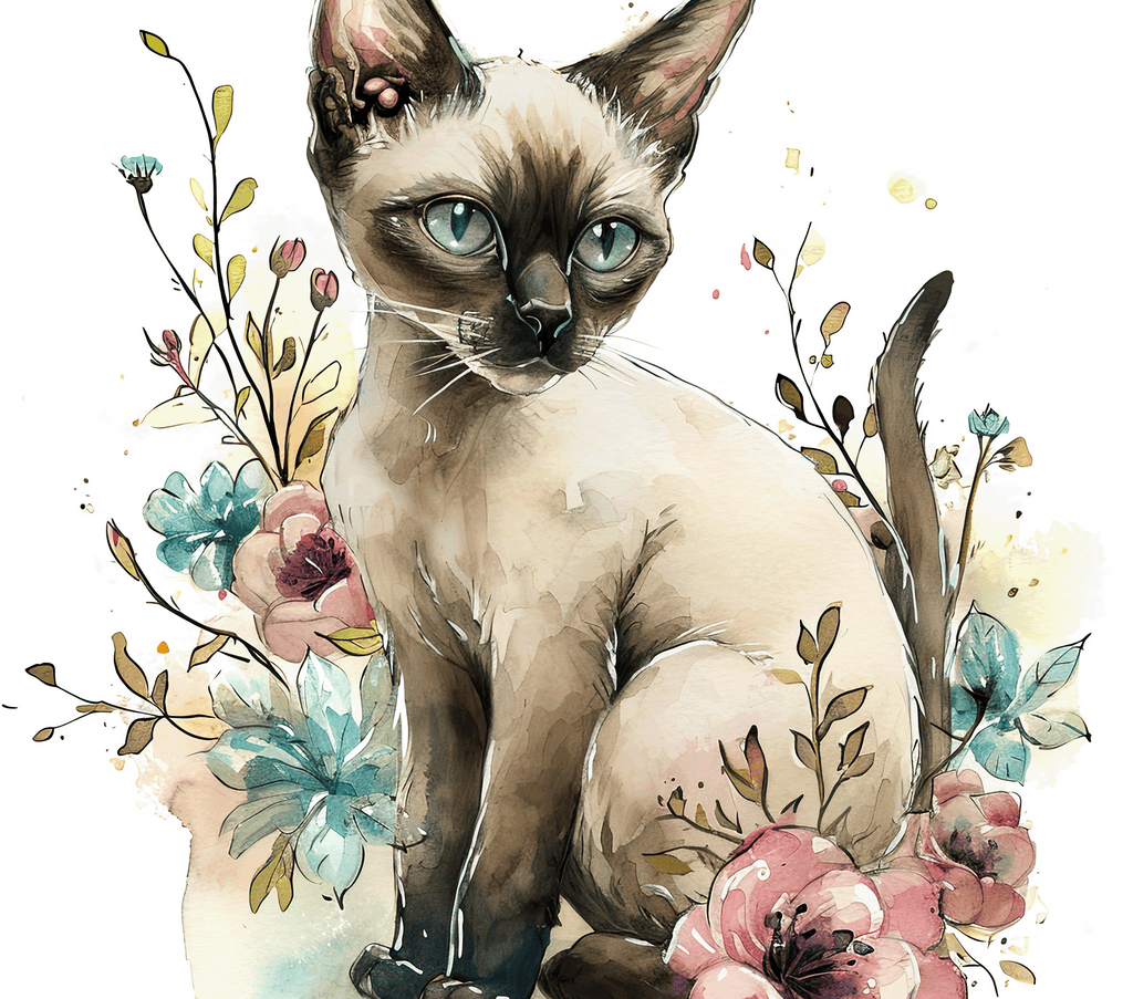 Watercolor Siamese Cat with Botanicals 6