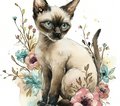 Watercolor Siamese Cat with Botanicals 6