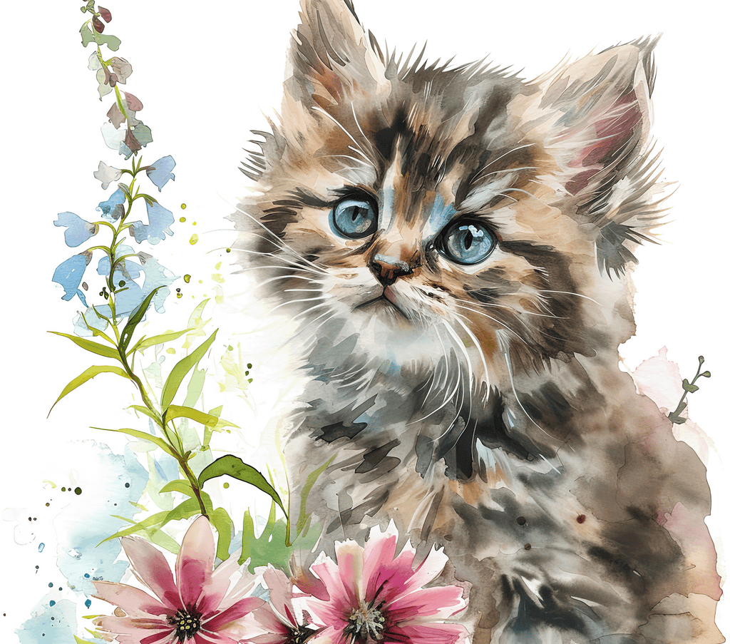 Watercolor Siberian Kitten with Delphiniums 4