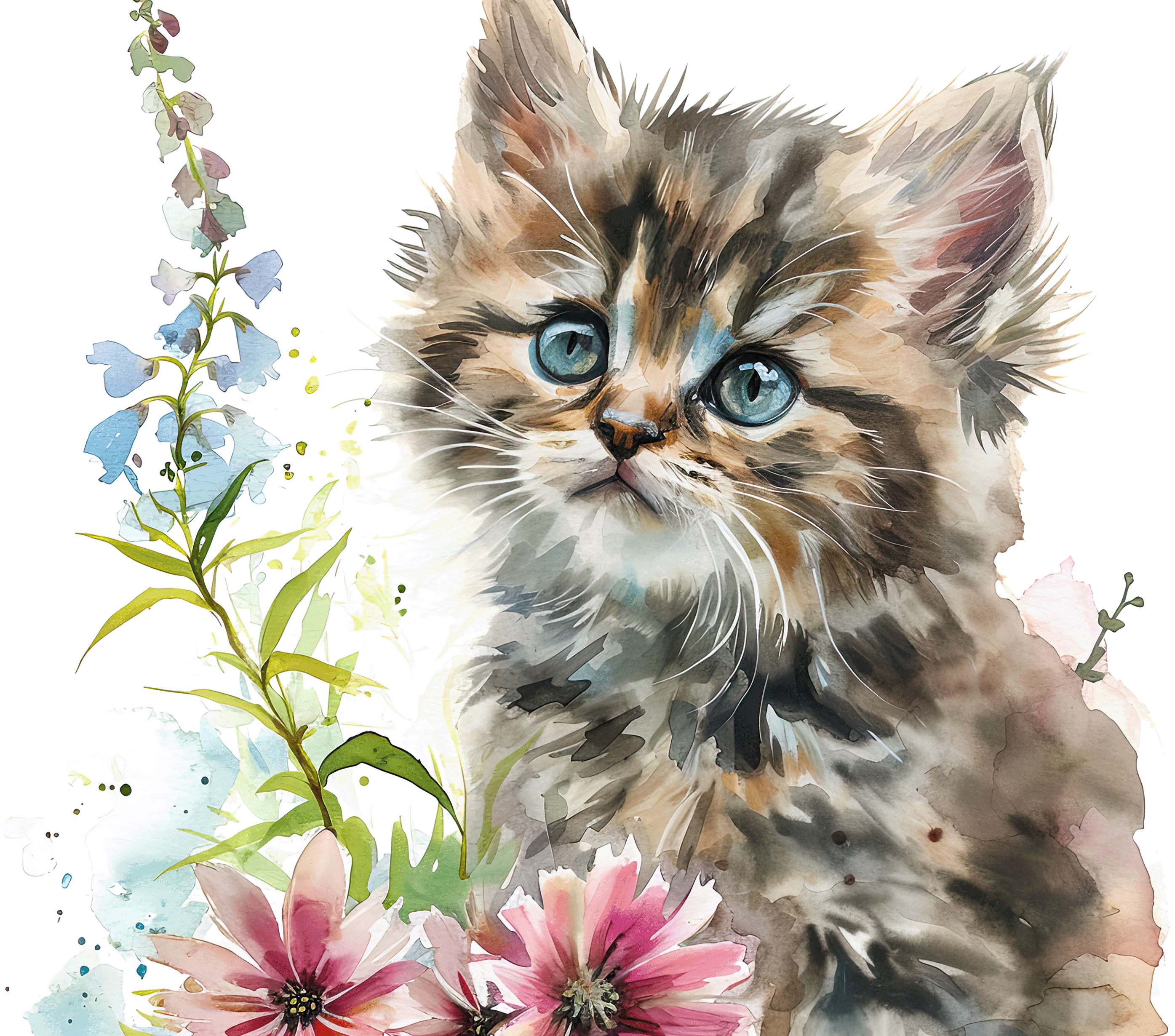 Watercolor Siberian Kitten with Delphiniums 4