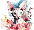 Watercolor Sphynx Cat with Pink Wildflowers 1