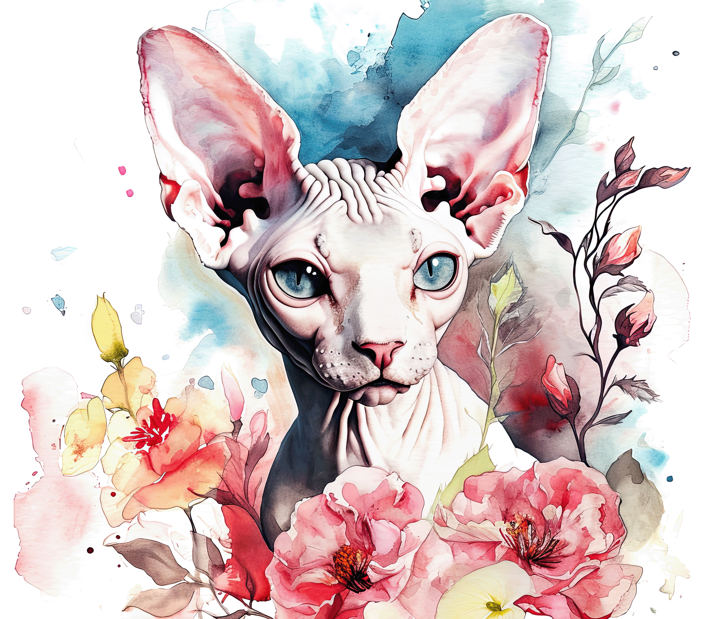 Watercolor Sphynx Cat with Pink Wildflowers 1
