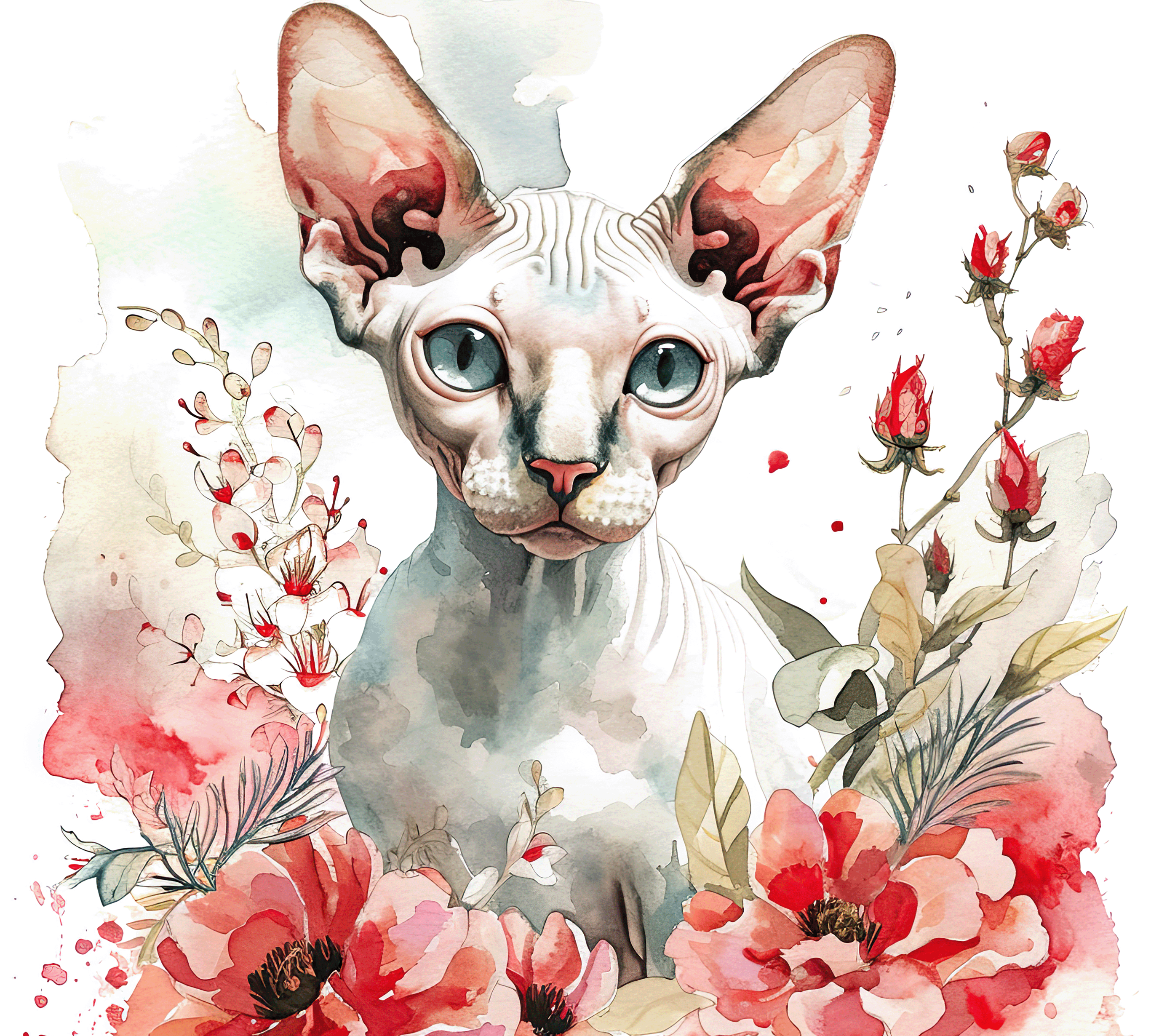 Watercolor Sphynx Cat with Coral Poppies 3