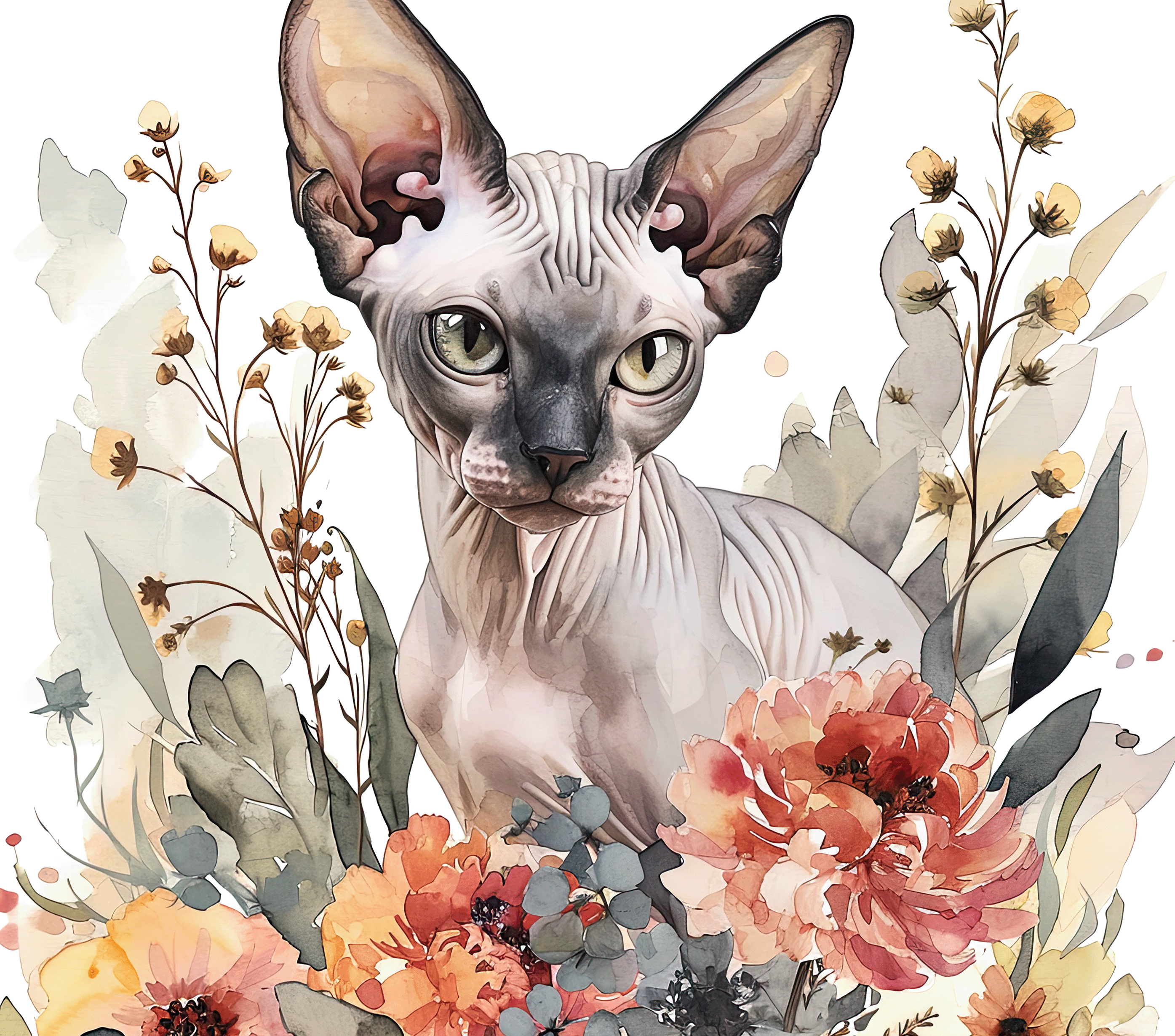 Watercolor Sphynx Cat with Coral Wildflowers 4
