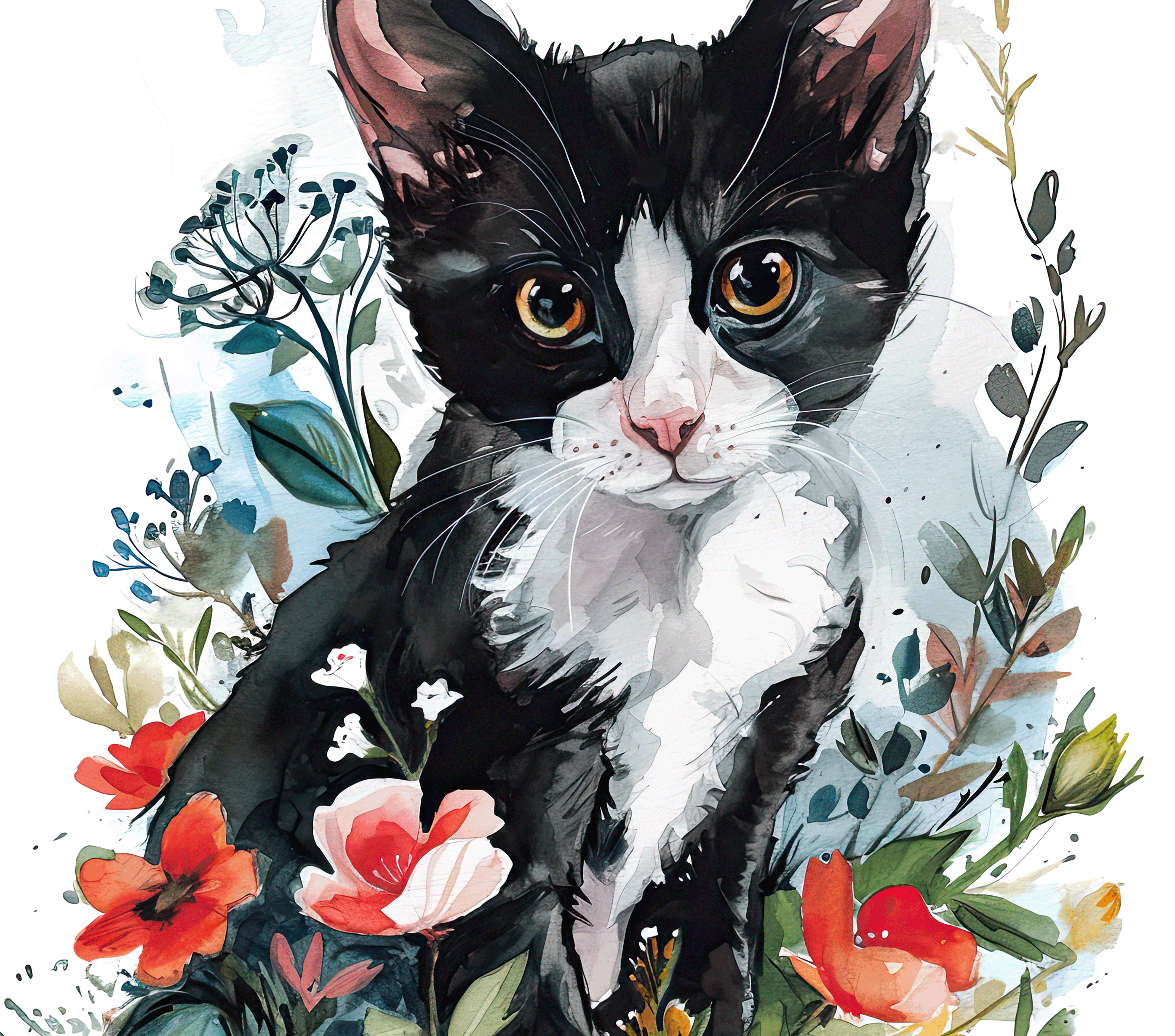 Watercolor Tuxedo Kitten with Coral Wildflowers 2