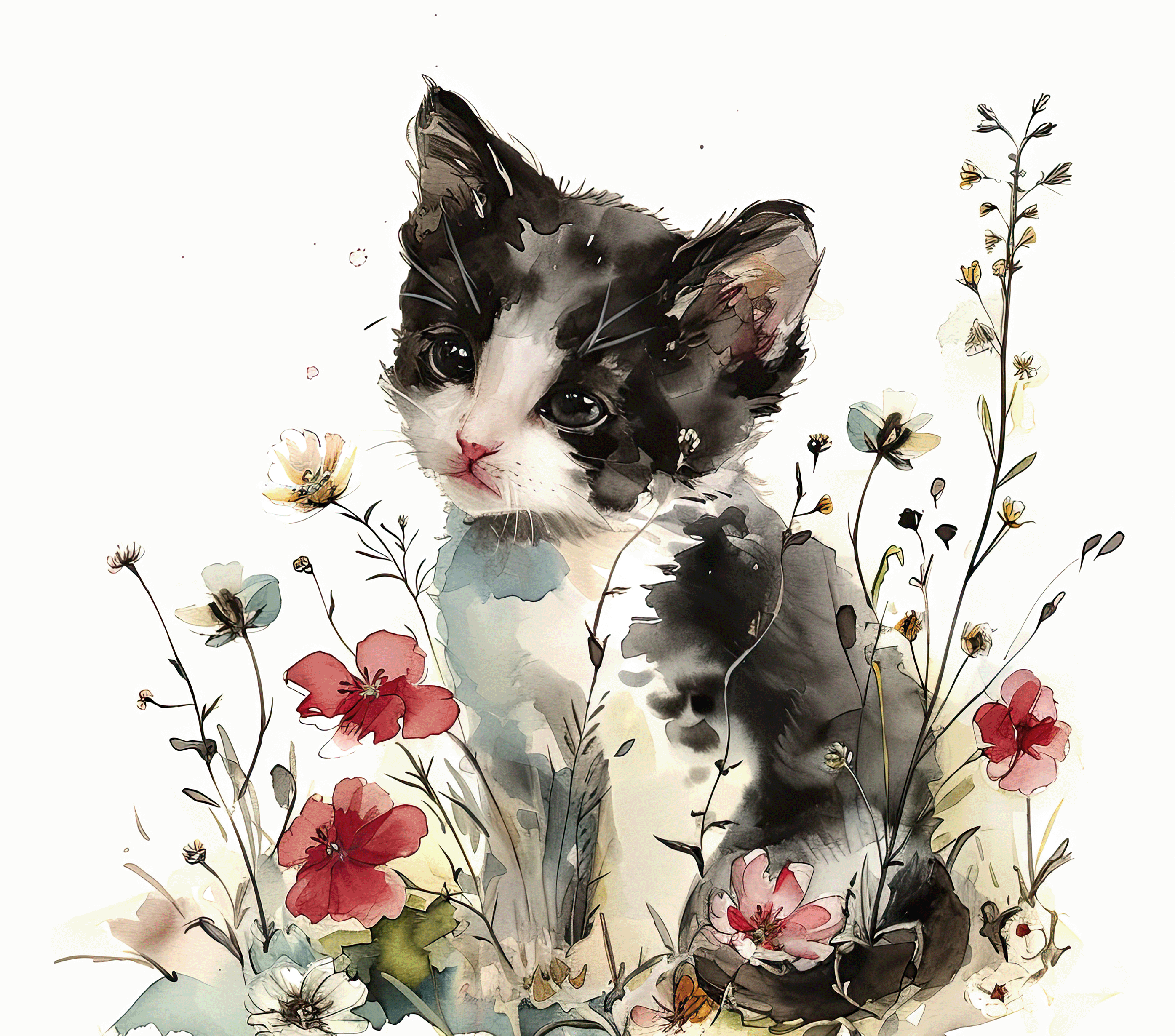 Tuxedo Kitten 4 Wildflower Meadow Watercolor Tumbler - 20oz Art