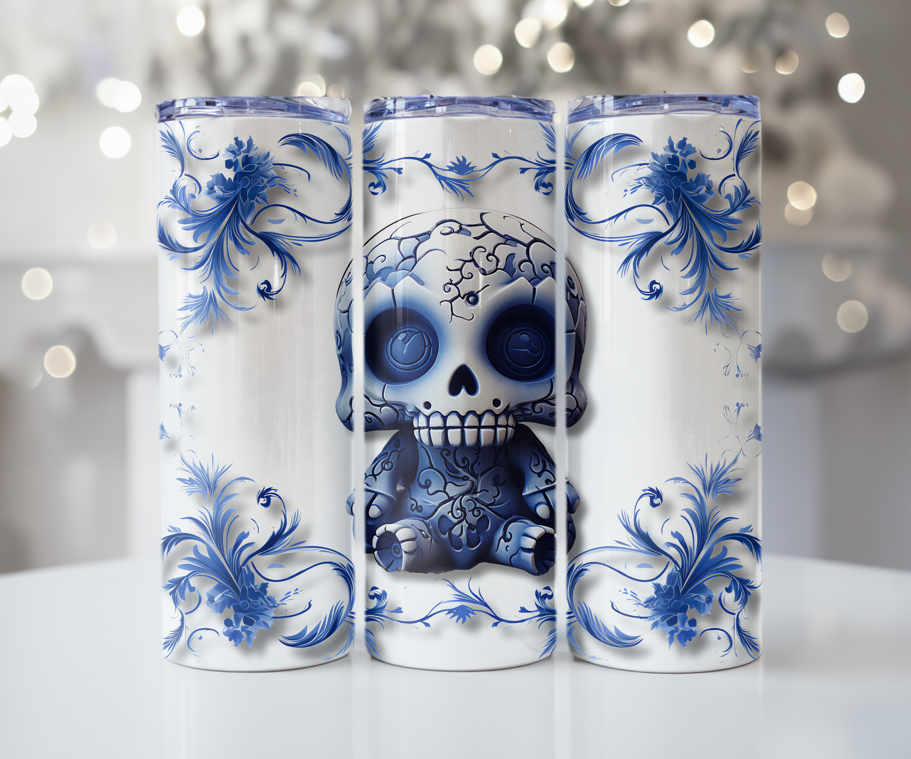 Blue Floral Chibi Skeleton Tumbler