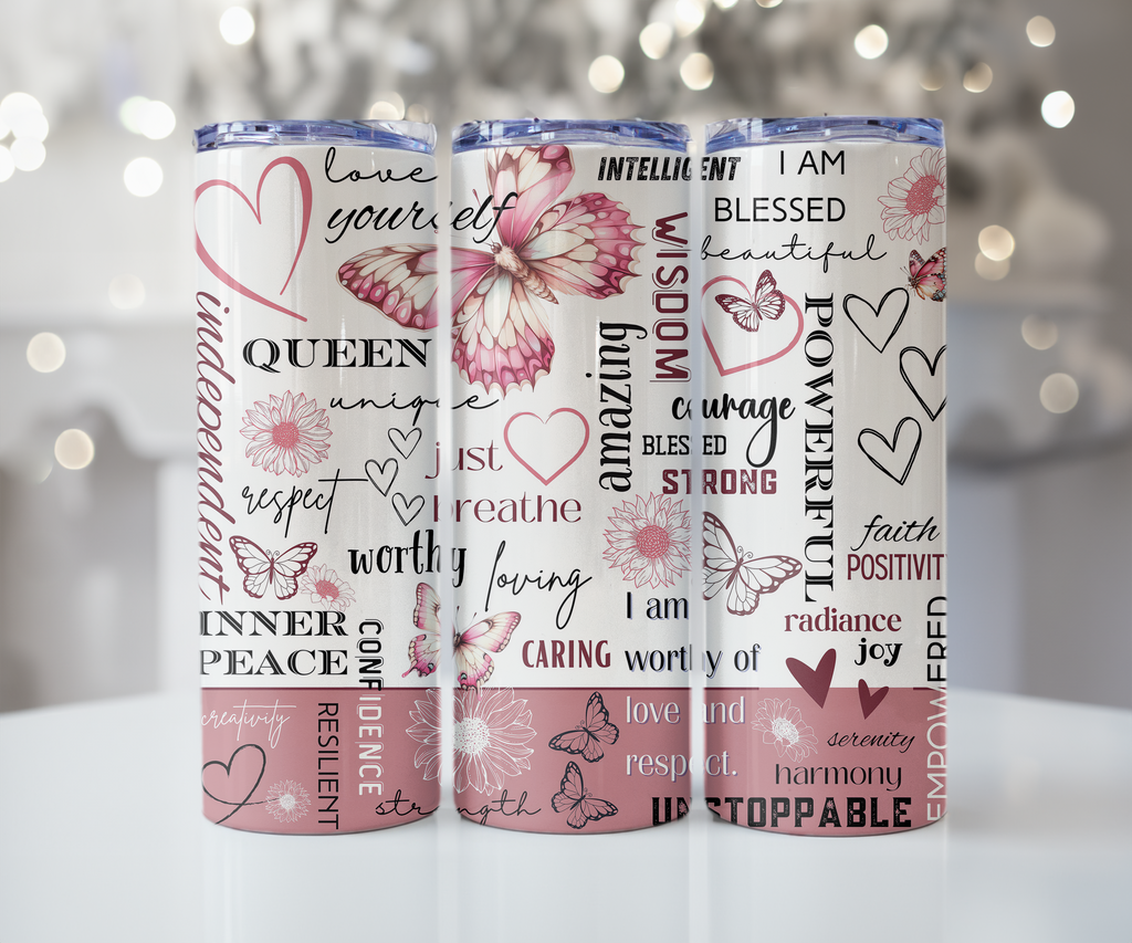 I AM Unstoppable Pink Butterfly Affirmations Tumbler