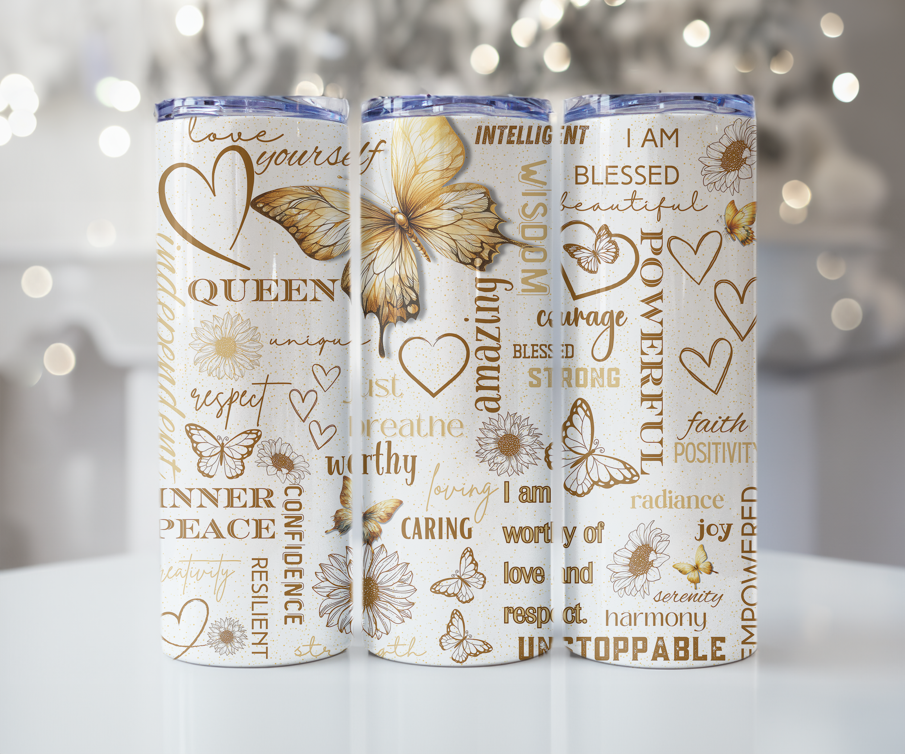I AM Worthy Golden Butterfly Affirmations Tumbler