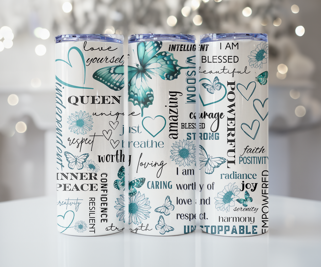 Love Yourself Teal Butterfly Affirmations Tumbler