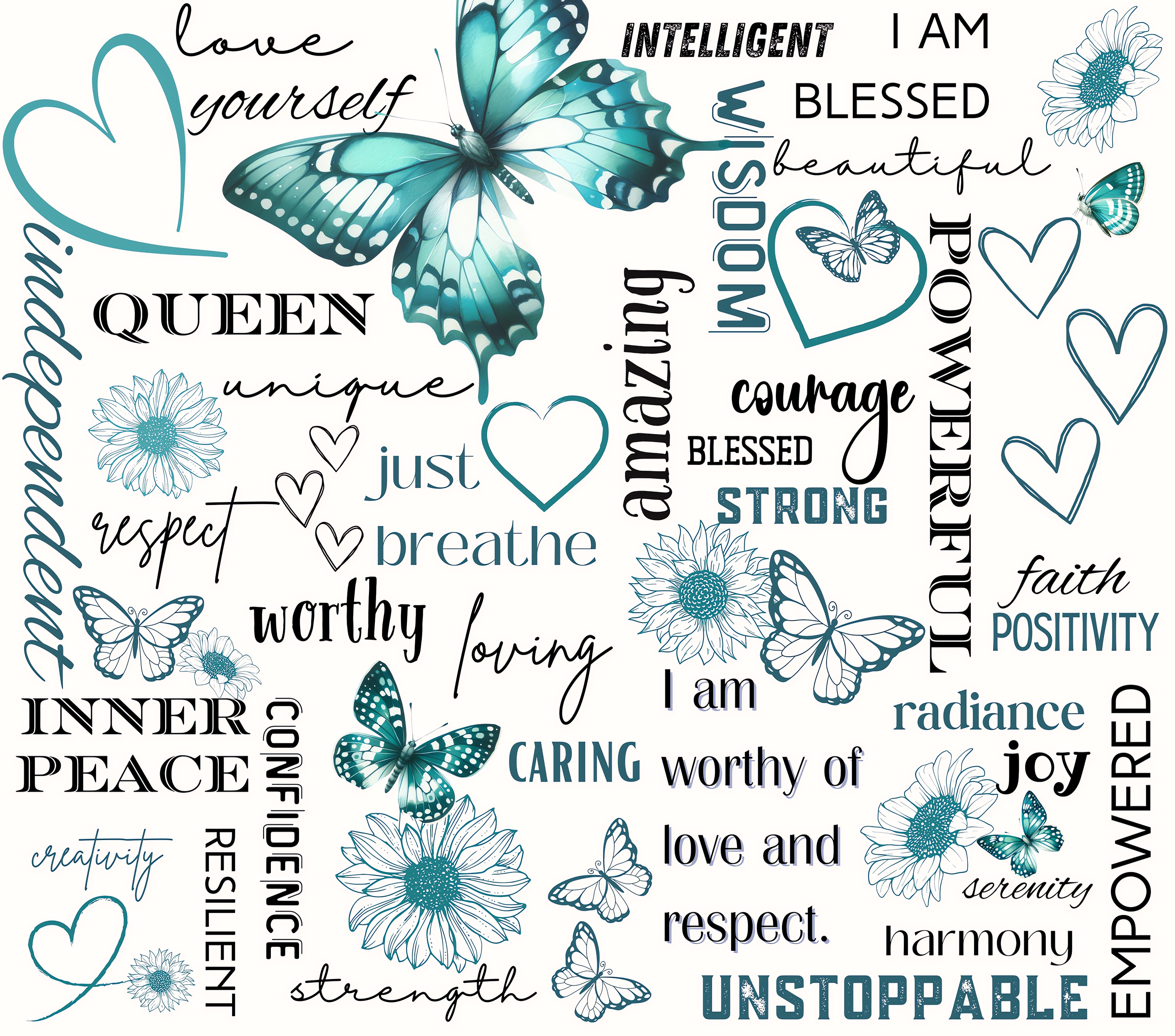 Love Yourself Teal Butterfly Affirmations Tumbler