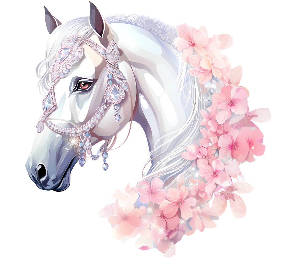 White Horse with Jeweled Bridle and Cherry Blossoms