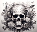 Black and White Skull with Flowers and Butterflies