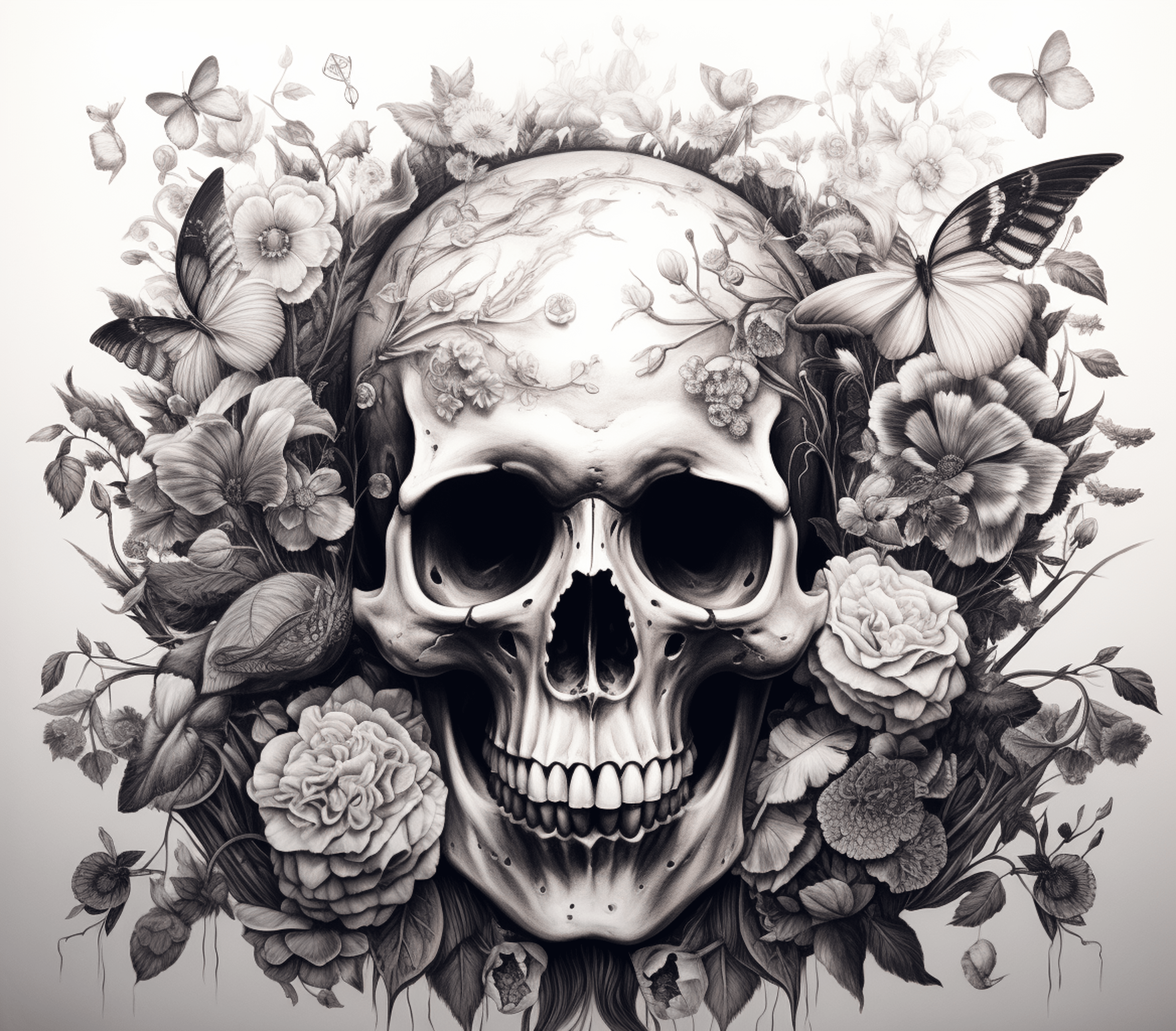 Black and White Skull with Flowers and Butterflies