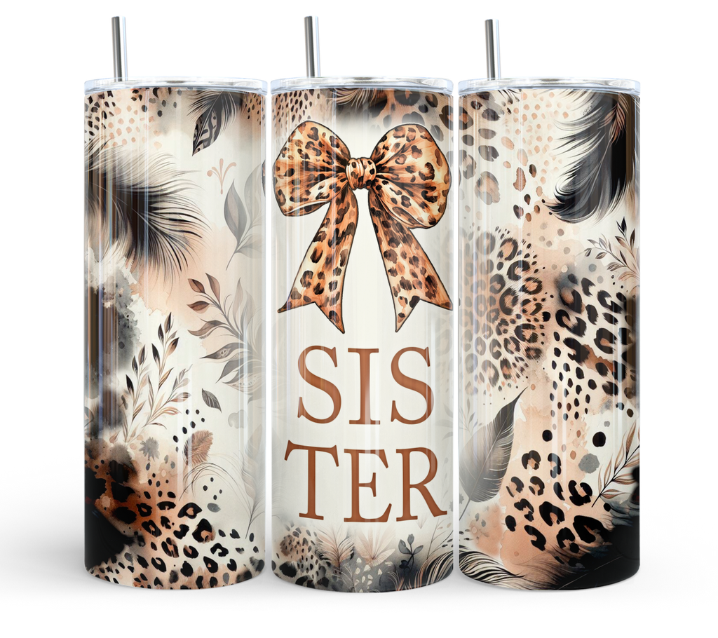Sister Leopard Print Tumbler - Boho Feather Gift
