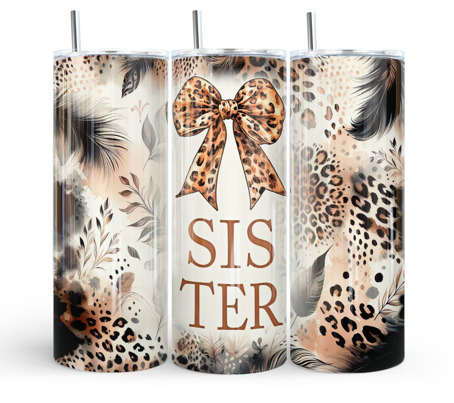 Sister Leopard Print Tumbler - Boho Feather Gift